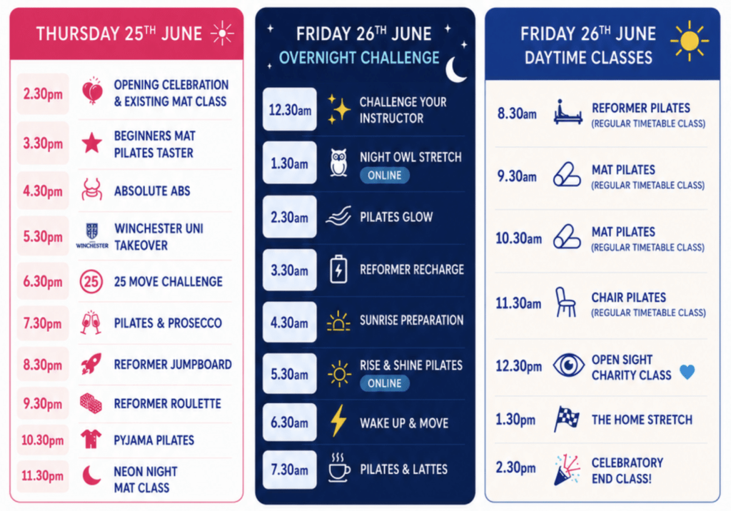 25 Hours of Pilates timetable goPhysio